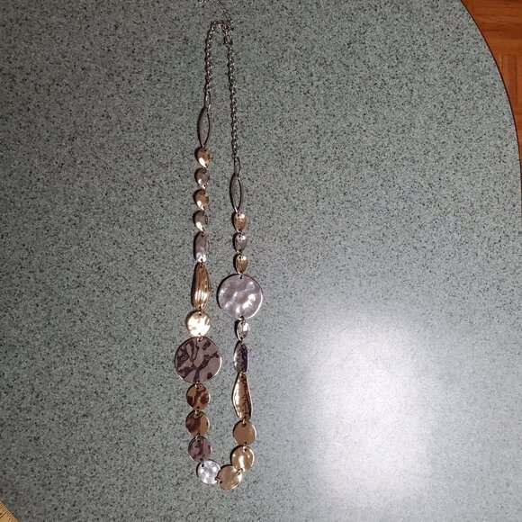 Natasha Necklace Gold Silver Tone Hammered Asymmetrical Shapes Long Signed 38" - Picture 7 of 7